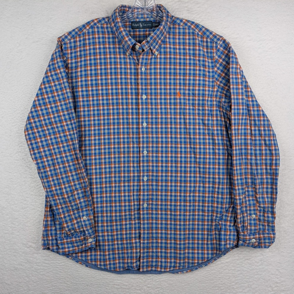Ralph Lauren Lined Blue Orange Plaid Button Down Shirt Sz XXL
